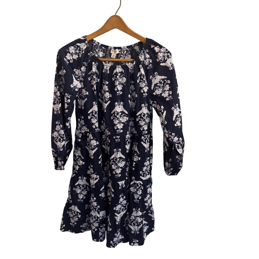 J.Crew Navy Blue White Floral Tiered Mini Dress XS Long Sleeve Cotton Blend